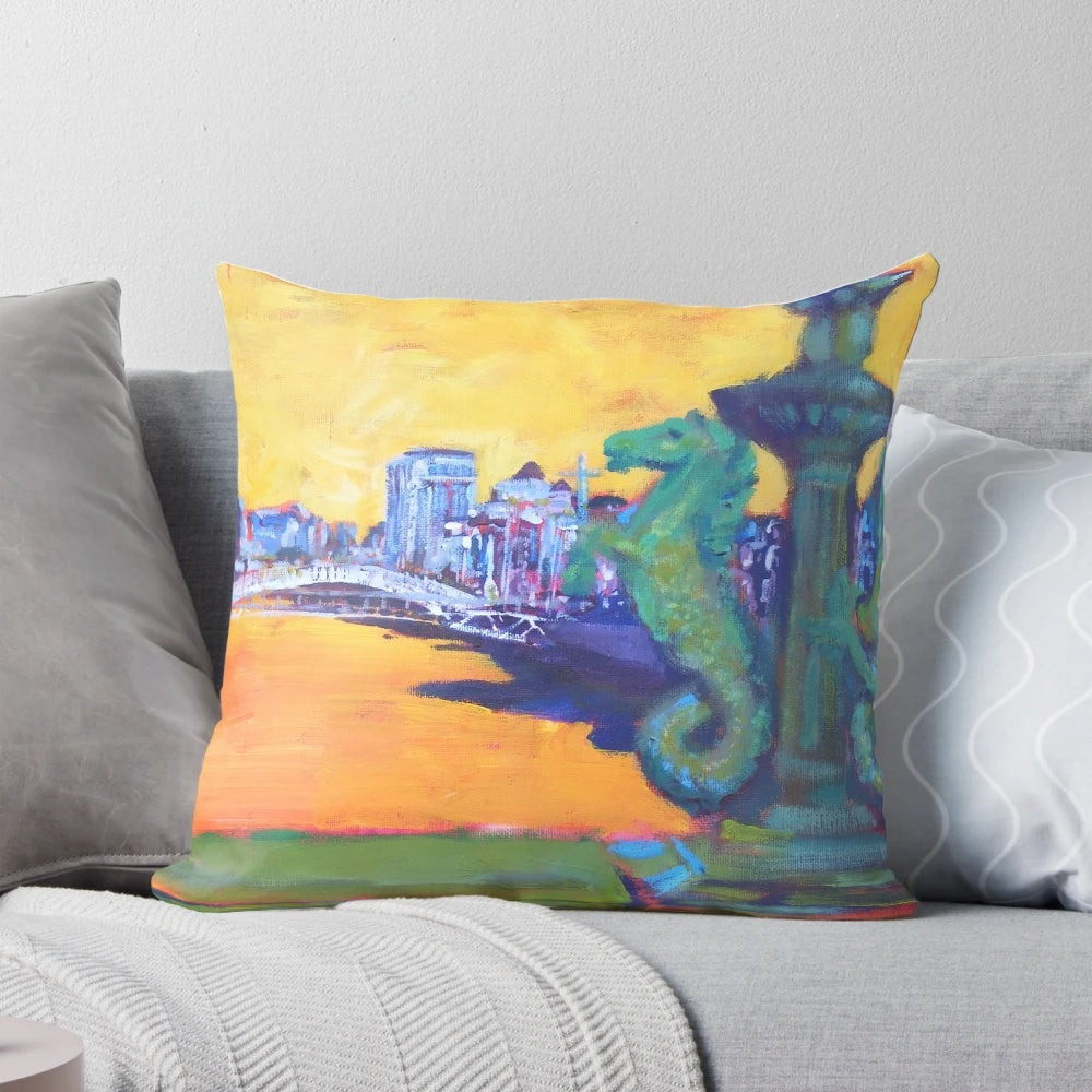 Pillow with a scenic view of the Grattan Bridge over the River Liffey in Dublin, Ireland