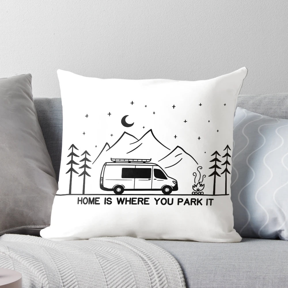 Comfortable outdoor pillow with "Home is Where You Park It" design