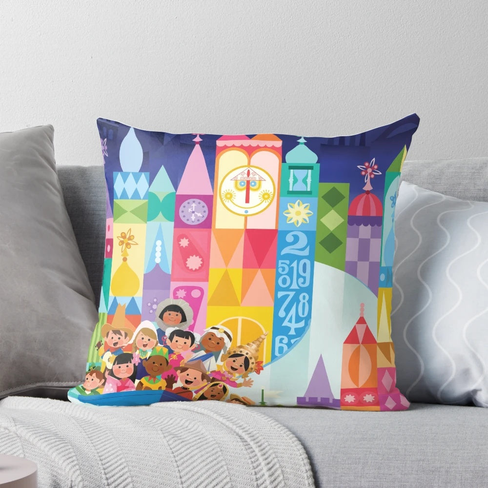 Soft and whimsical pillow featuring a design inspired by a small, fantastical world