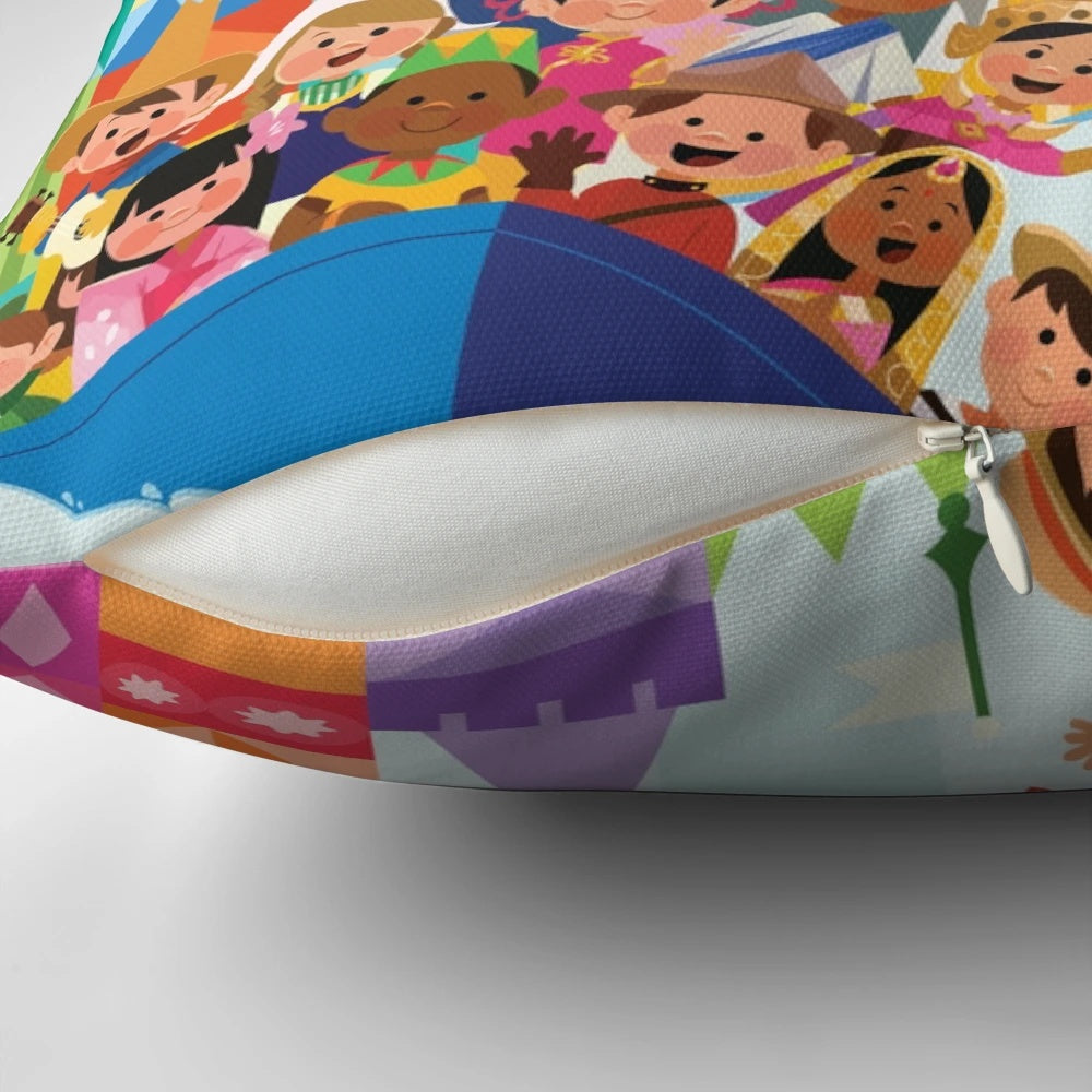 Soft and whimsical pillow featuring a design inspired by a small, fantastical world