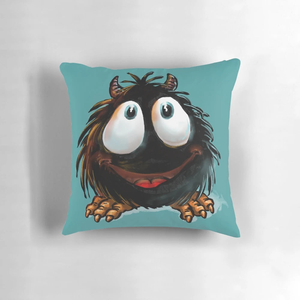 Soft, plush pillow with a design inspired by the Lucifer Junior children's book