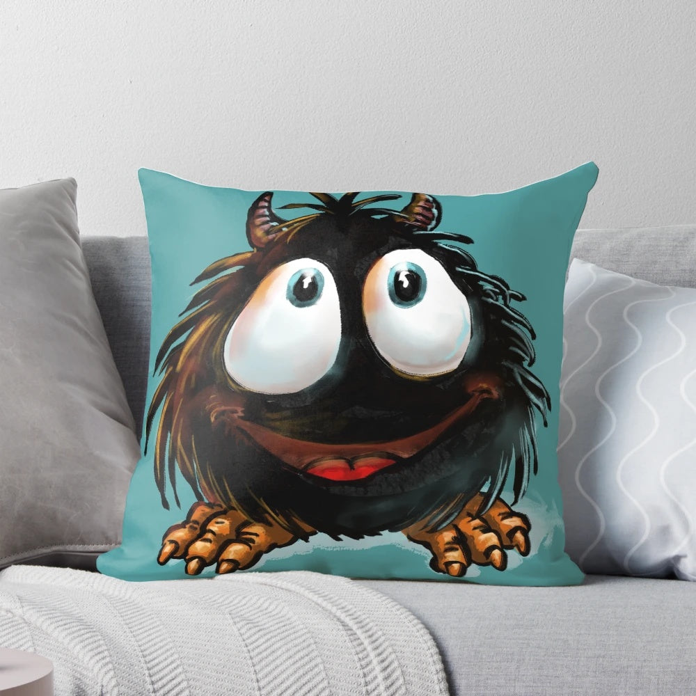 Soft, plush pillow with a design inspired by the Lucifer Junior children's book