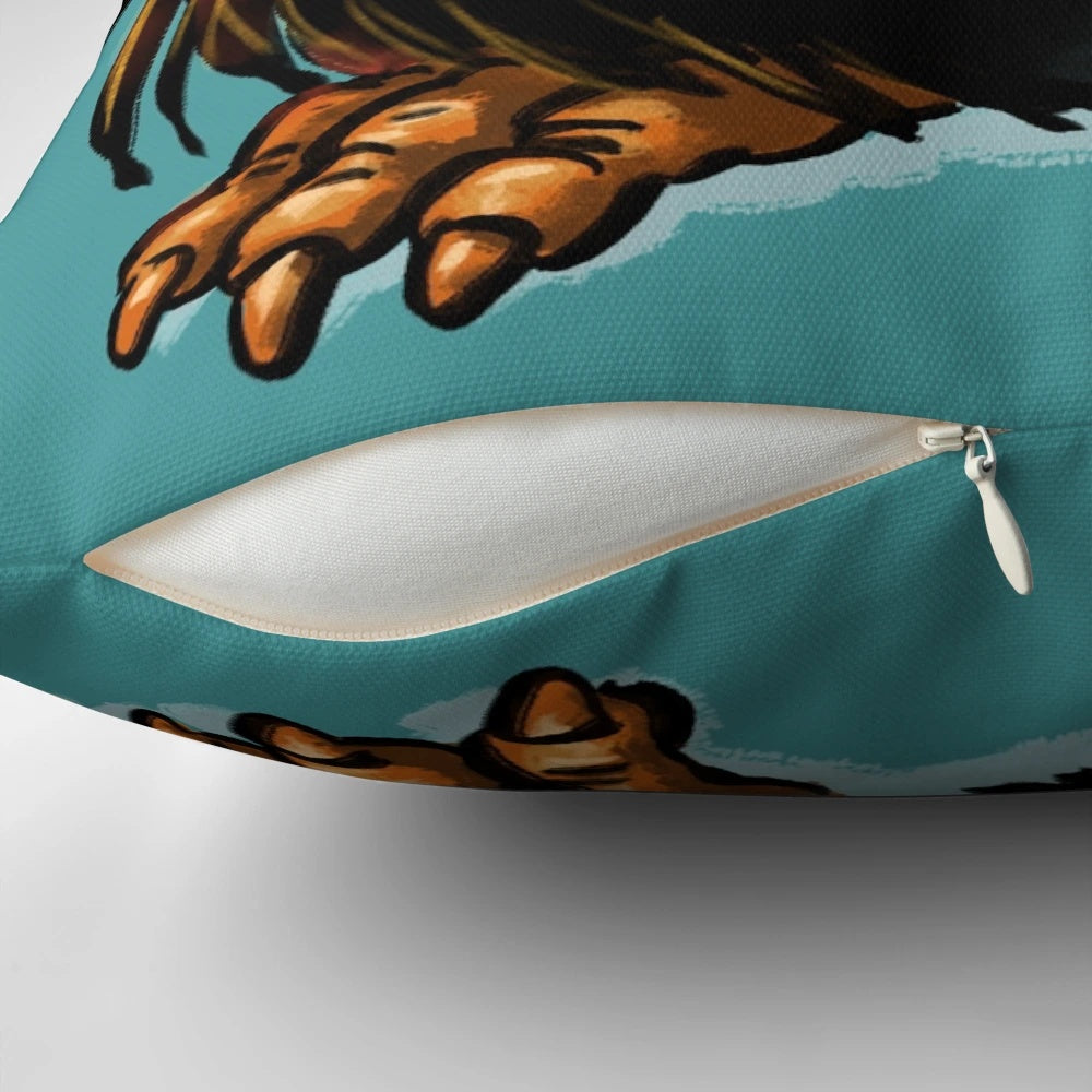 Soft, plush pillow with a design inspired by the Lucifer Junior children's book