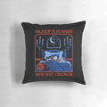 A unique pillow featuring the phrase "Sleep is my God" against a retro background.