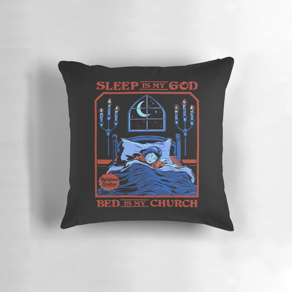 A unique pillow featuring the phrase "Sleep is my God" against a retro background.