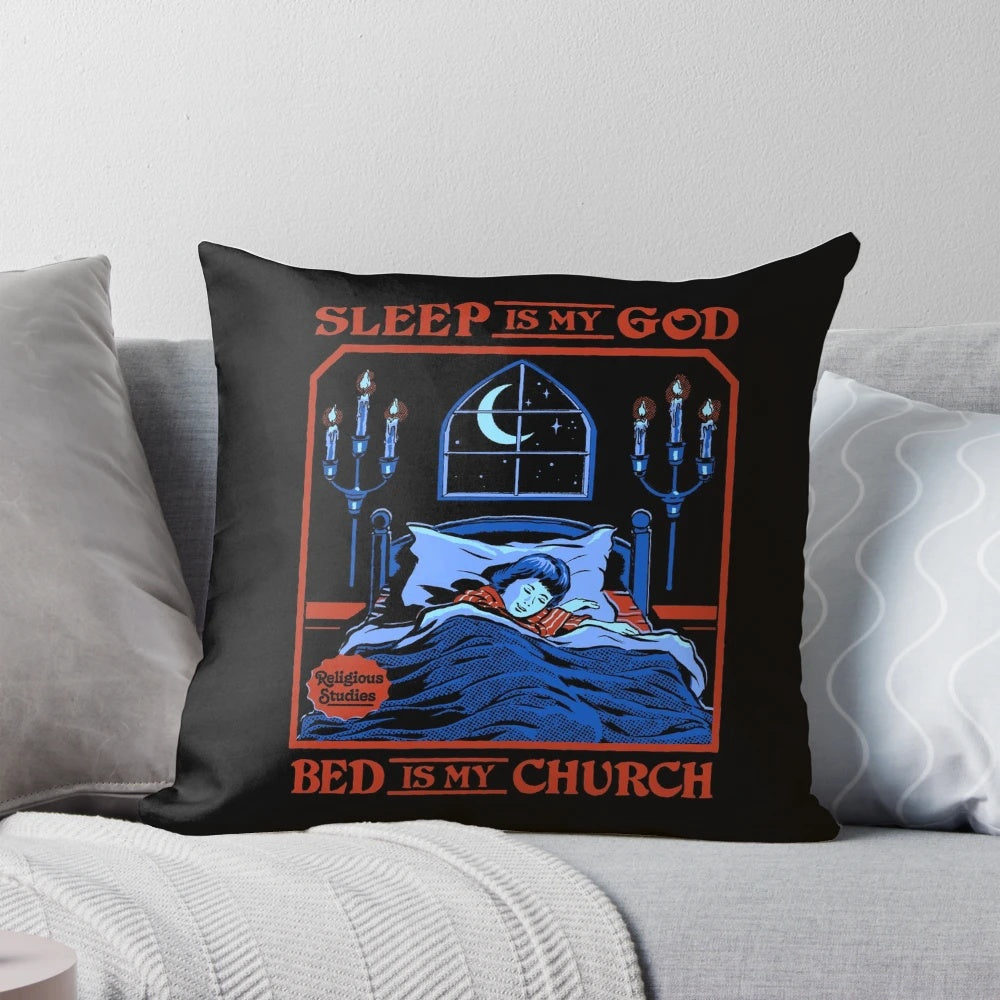A unique pillow featuring the phrase "Sleep is my God" against a retro background.