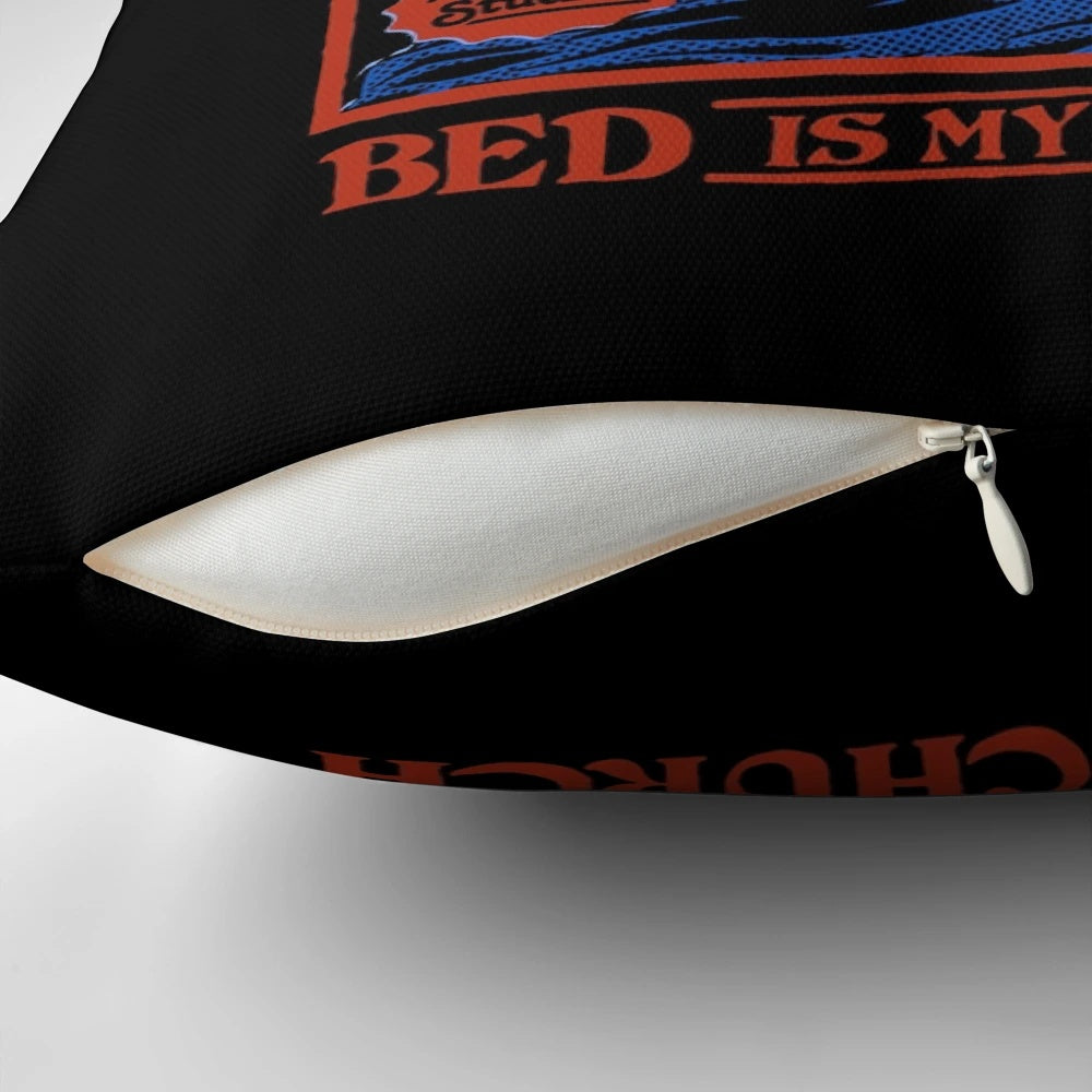 A unique pillow featuring the phrase "Sleep is my God" against a retro background.