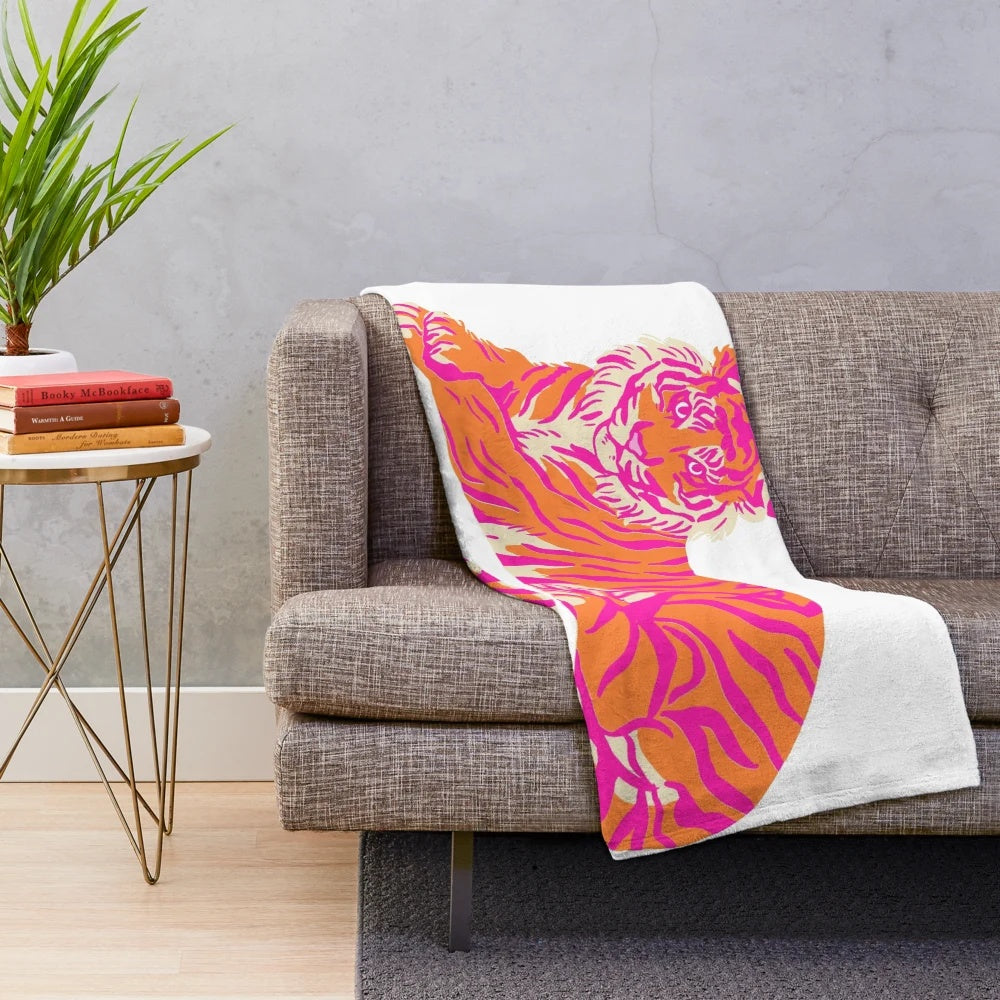 Pink and orange tiger patterned plush blanket