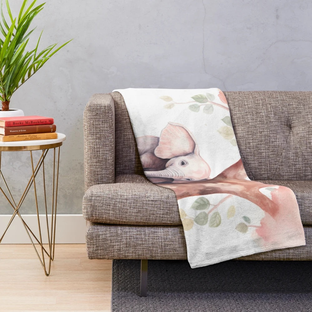 Pink elephant plush blanket with autumn tree design