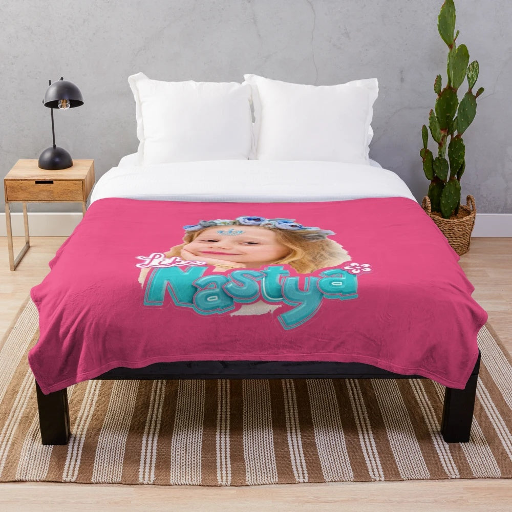 Soft pink plush blanket with cute girl design, perfect for kids who love Like Nastya YouTube channel