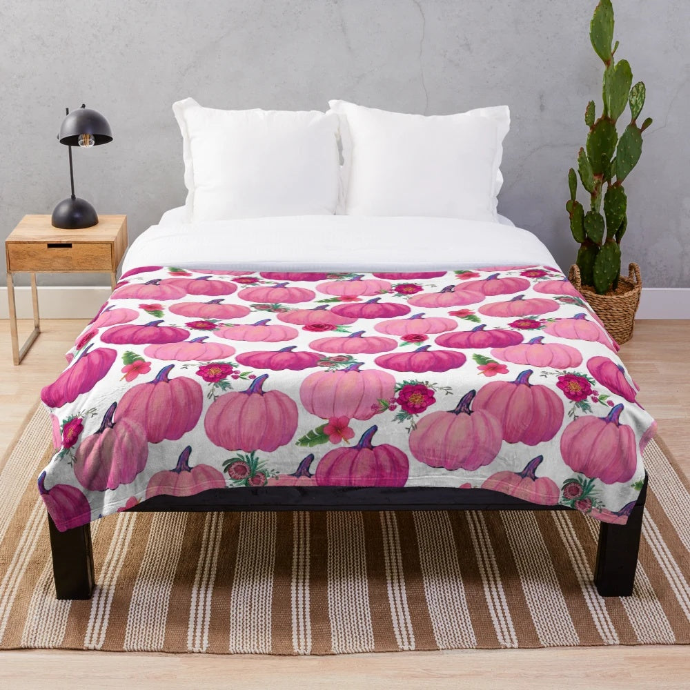 Plush pink pumpkin and floral watercolor design blanket