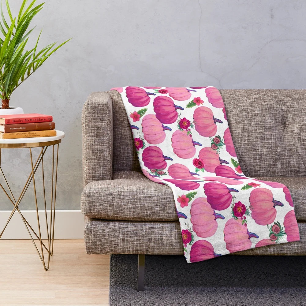 Plush pink pumpkin and floral watercolor design blanket