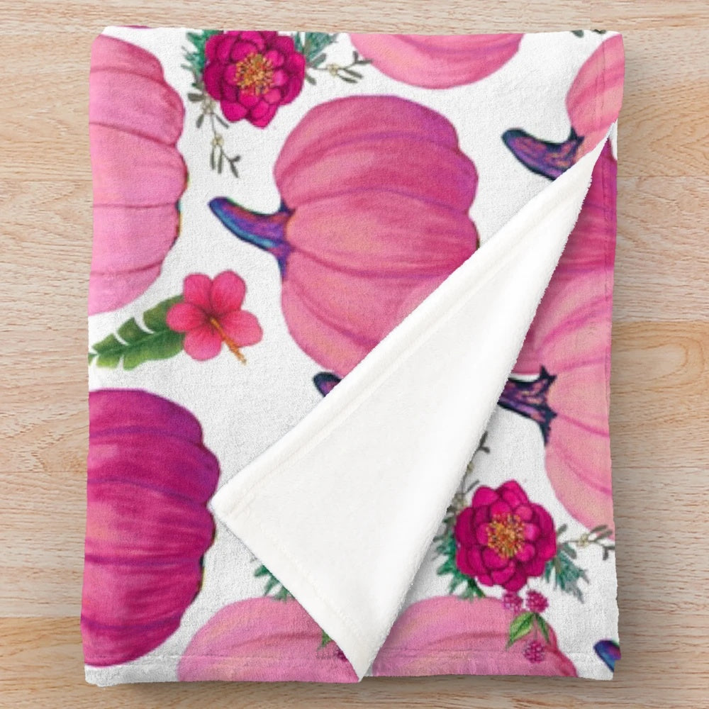 Plush pink pumpkin and floral watercolor design blanket