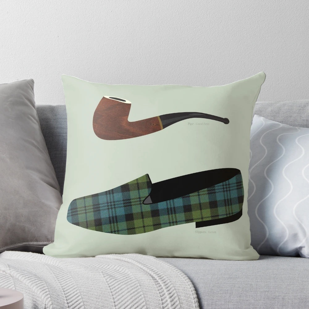 Soft, plush pillow featuring a pipe and tartan slippers design, perfect for creating a cozy, relaxing atmosphere.