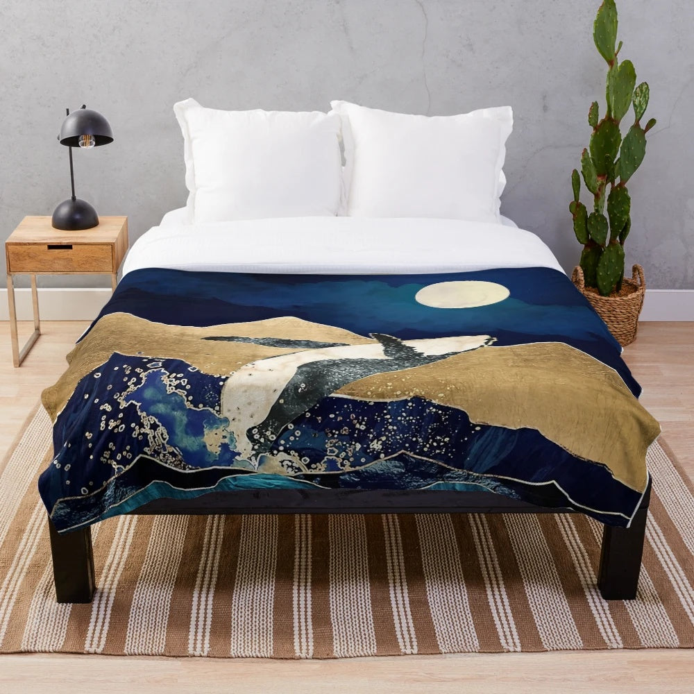 Pixel art design plush blanket featuring underwater ocean life and moonlight