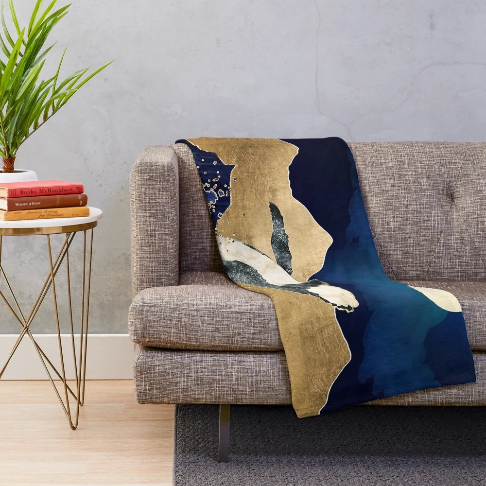 Pixel art design plush blanket featuring underwater ocean life and moonlight