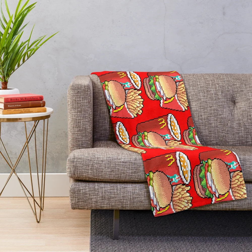 Cozy pixel plush blanket with kawaii food design