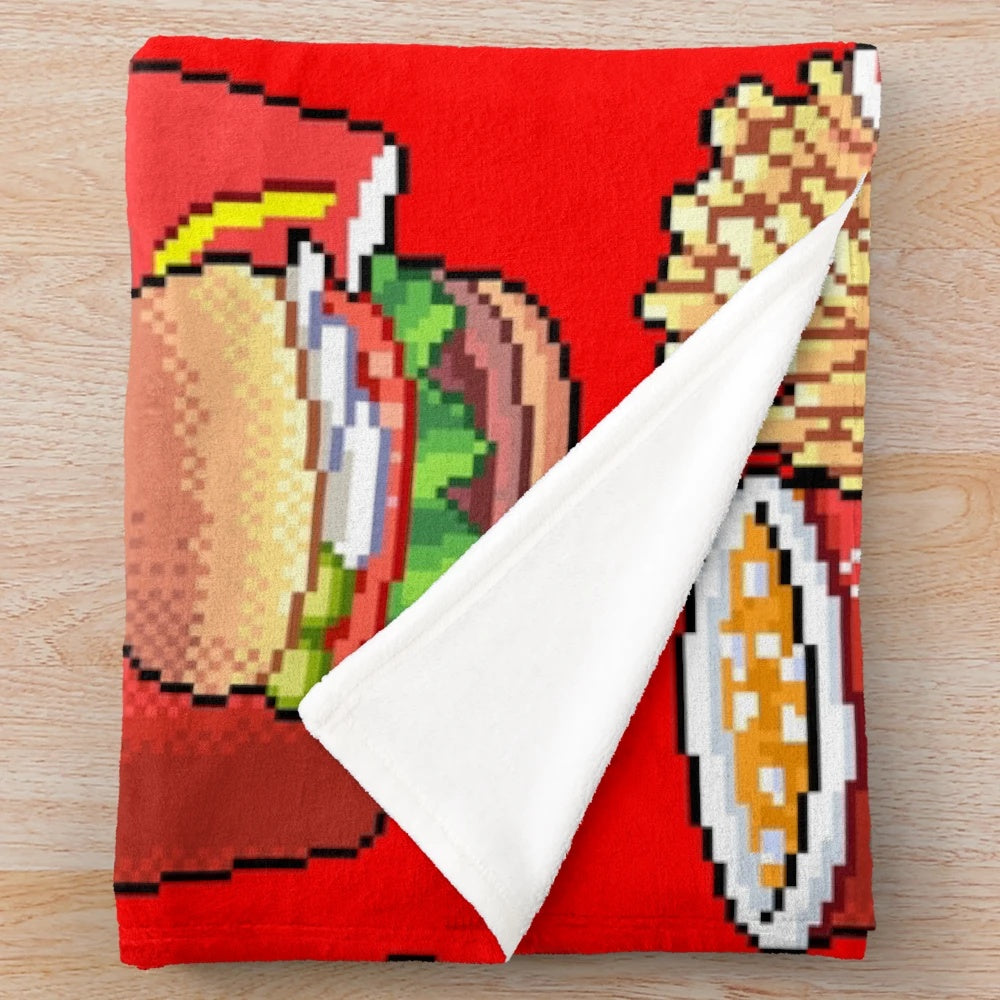 Cozy pixel plush blanket with kawaii food design