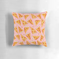 Plush pink decorative pillow featuring a pizza design, perfect for adding a touch of fun and coziness to your bedroom.