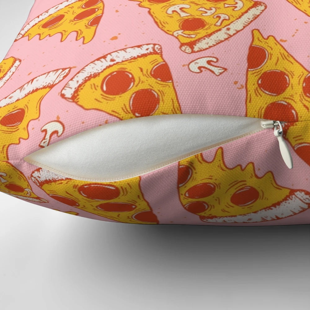 Plush pink decorative pillow featuring a pizza design, perfect for adding a touch of fun and coziness to your bedroom.