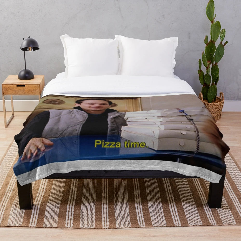 Plush pizza-themed blanket with superhero design