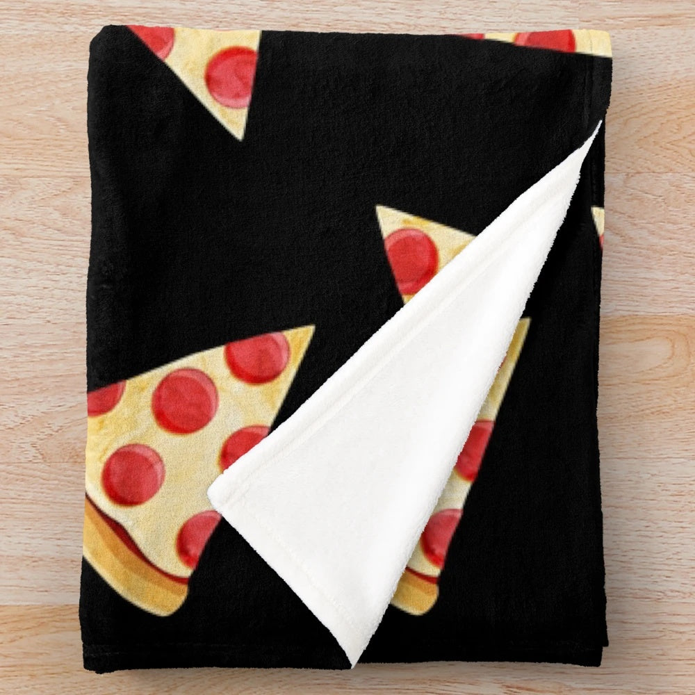 Plush pizza blanket featuring a pizza slice design on a black background