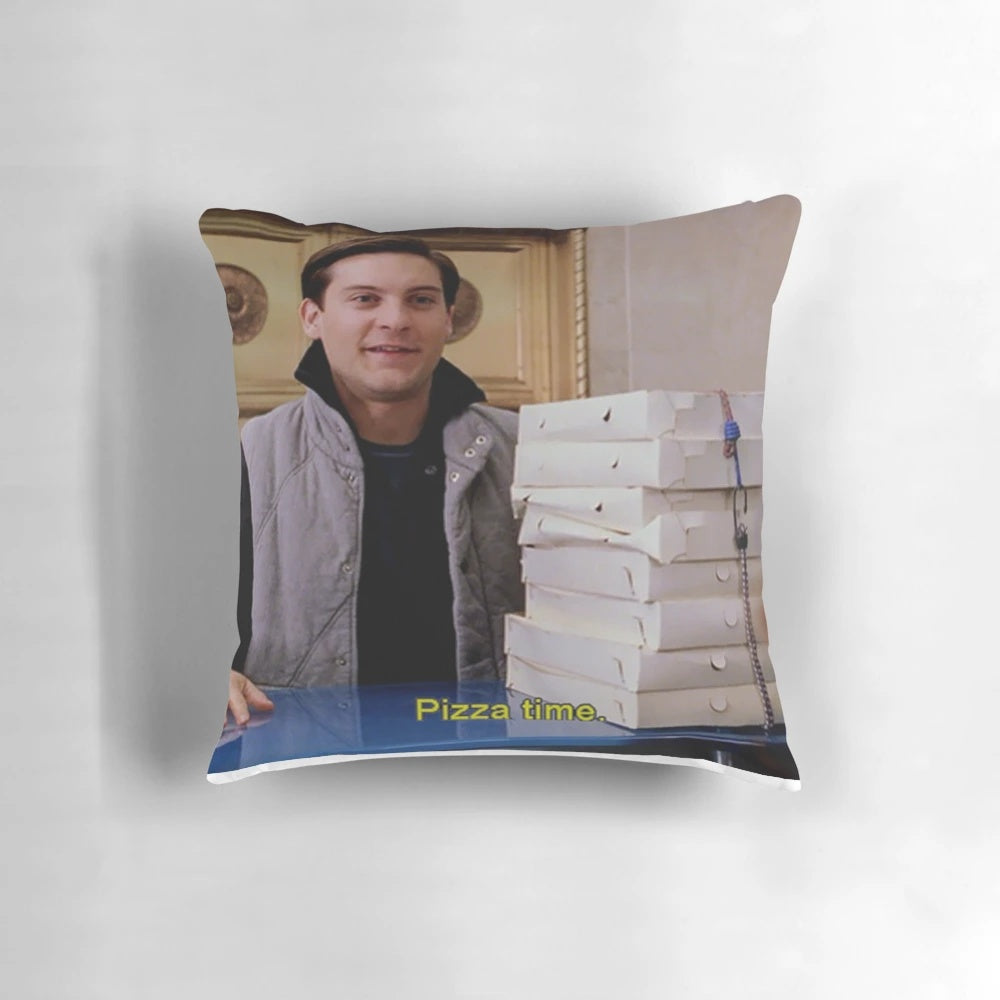 A plush, pizza-themed pillow with a superhero design, inspired by the classic Spider-Man movies.