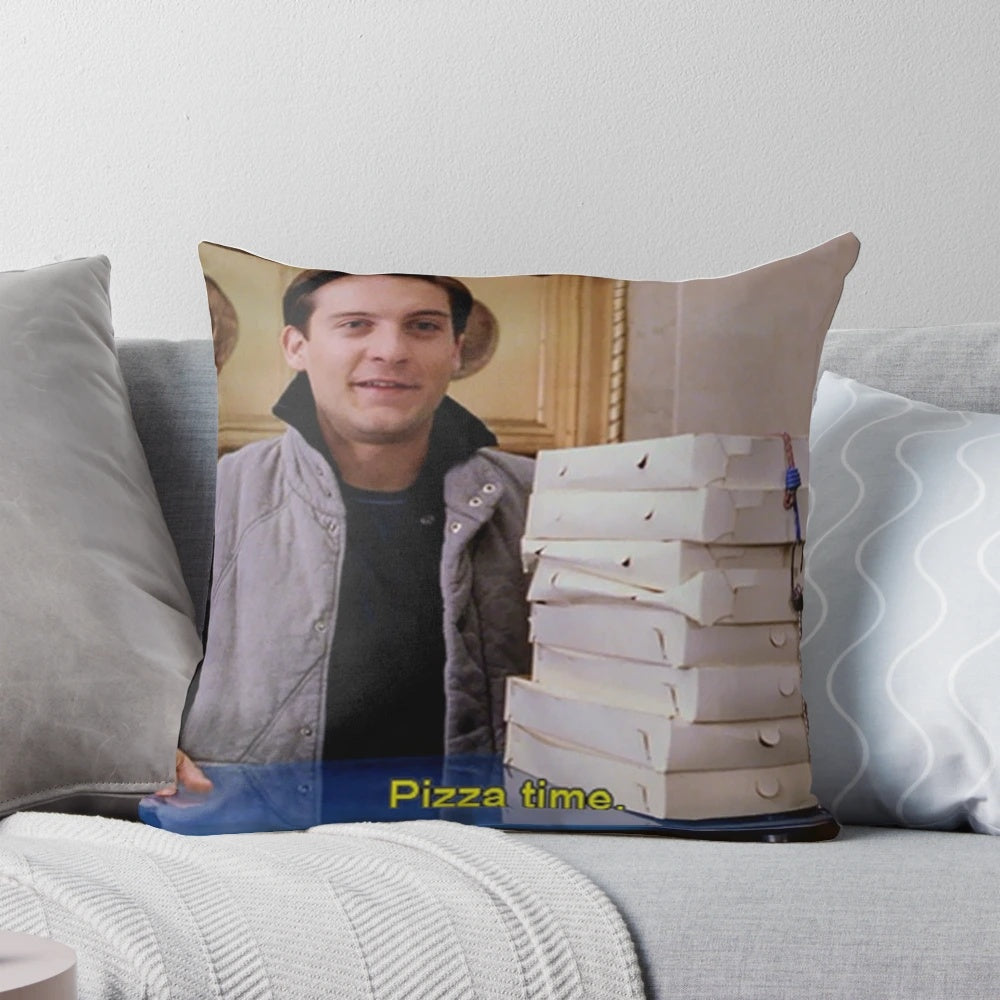 A plush, pizza-themed pillow with a superhero design, inspired by the classic Spider-Man movies.