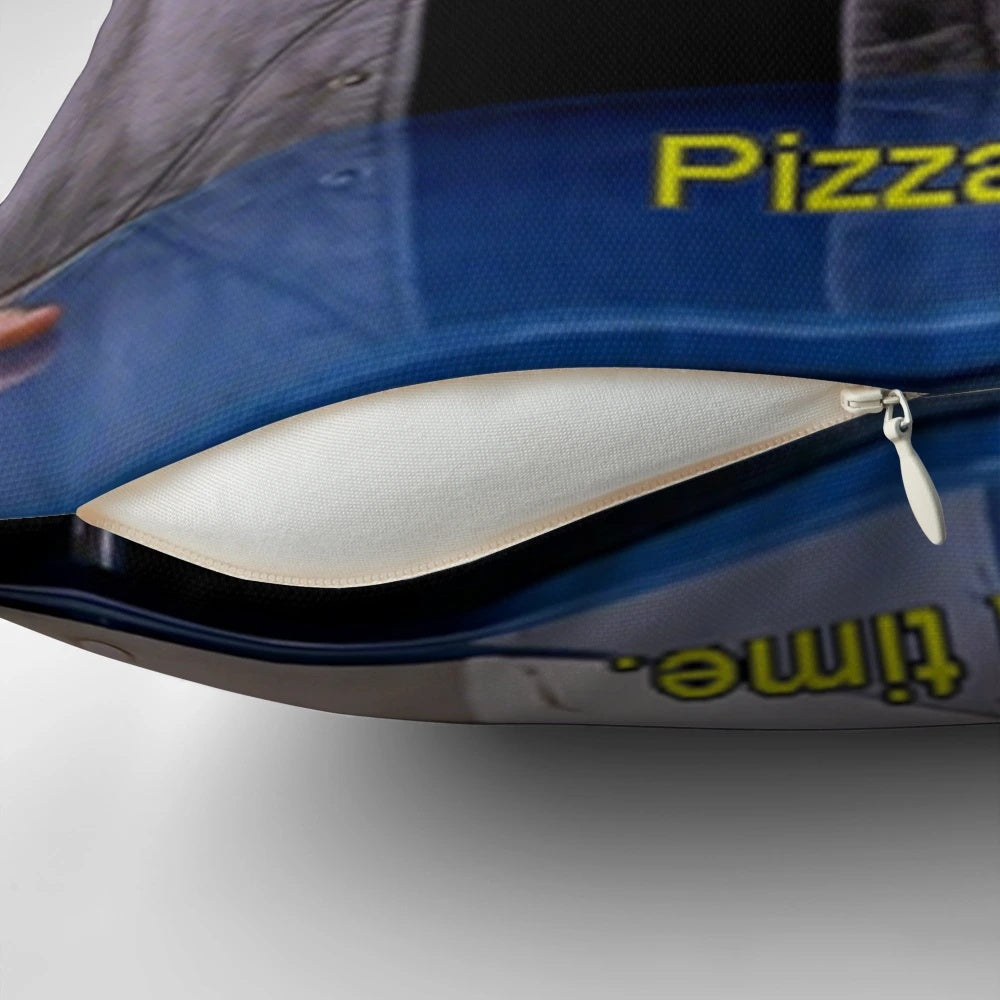 A plush, pizza-themed pillow with a superhero design, inspired by the classic Spider-Man movies.