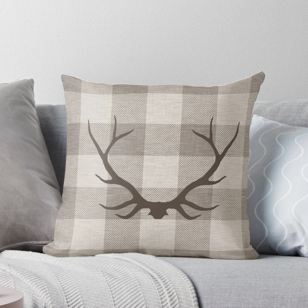 Plaid antler inspired decorative throw pillow for rustic home decor