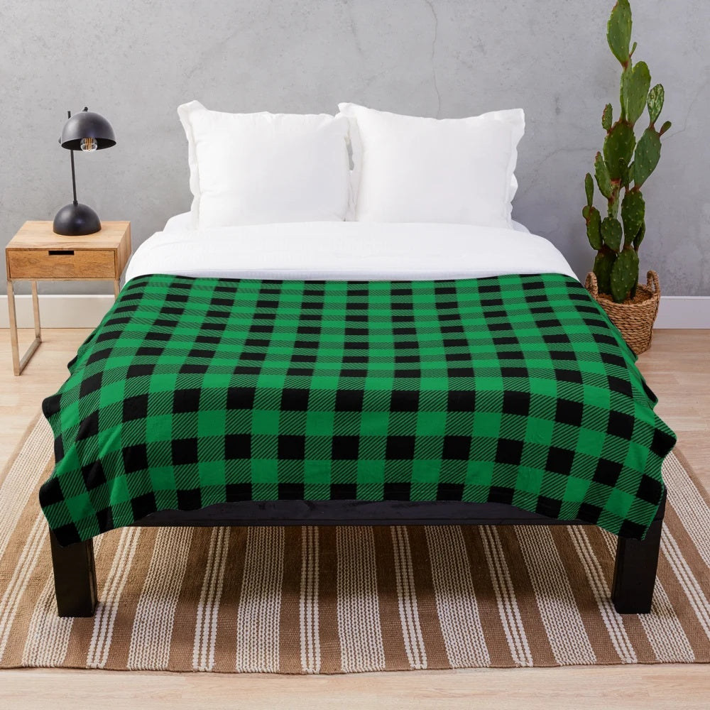 Cozy plaid (green and black) blanket with buffalo check pattern