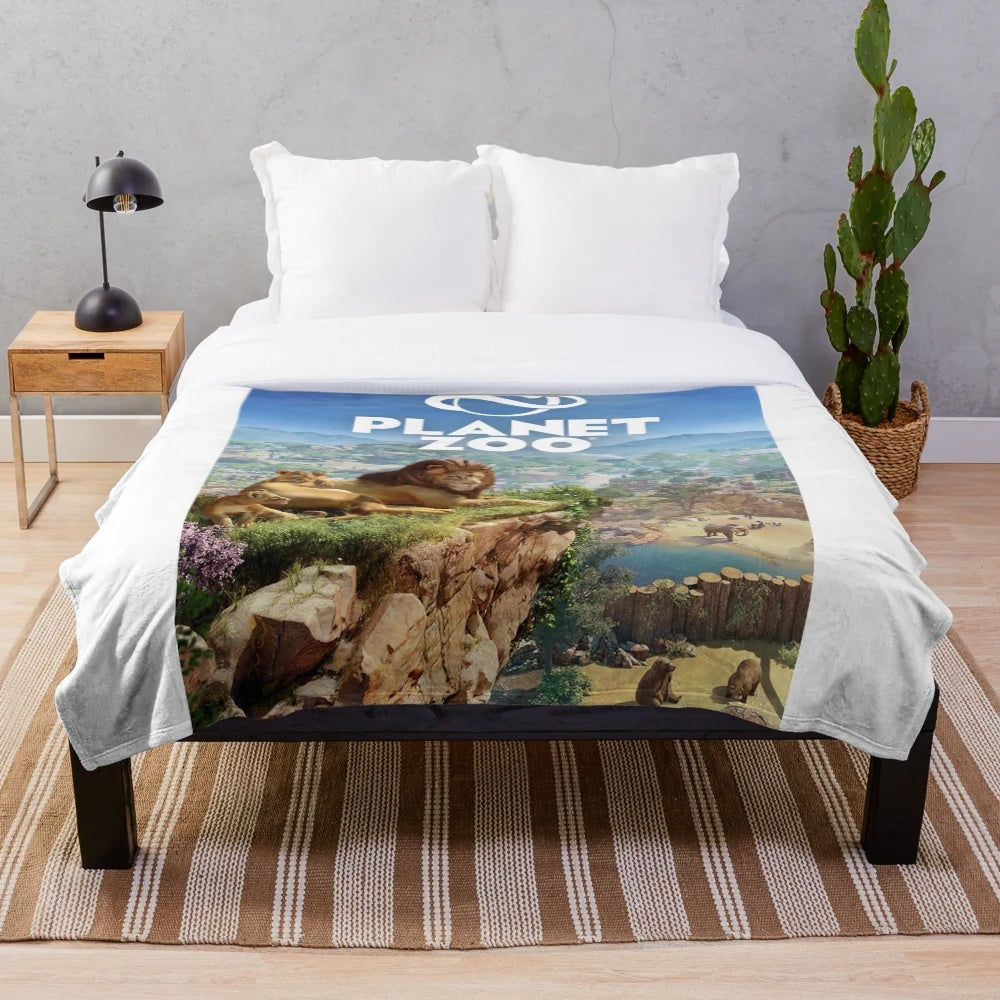 Planet Zoo-themed plush blanket featuring wildlife animals