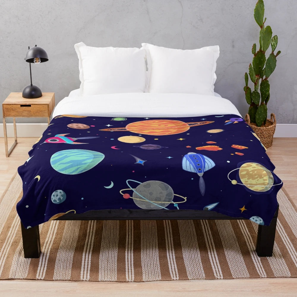 Planets pattern plush blanket showcasing the solar system