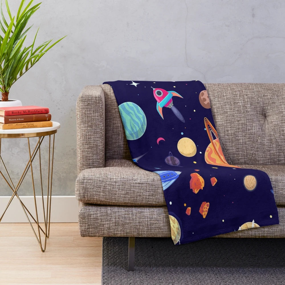 Planets pattern plush blanket showcasing the solar system