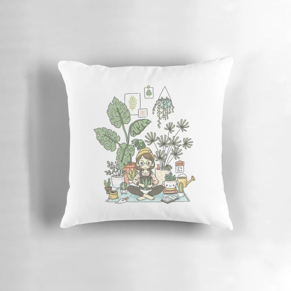 A cozy decorative pillow featuring a cute "plant lady" design with pastel colors and floral elements.