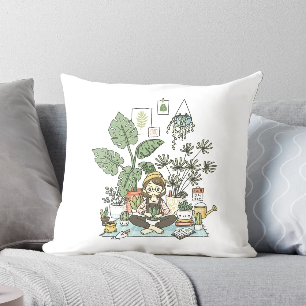 A cozy decorative pillow featuring a cute "plant lady" design with pastel colors and floral elements.