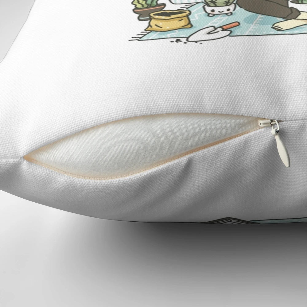 A cozy decorative pillow featuring a cute "plant lady" design with pastel colors and floral elements.
