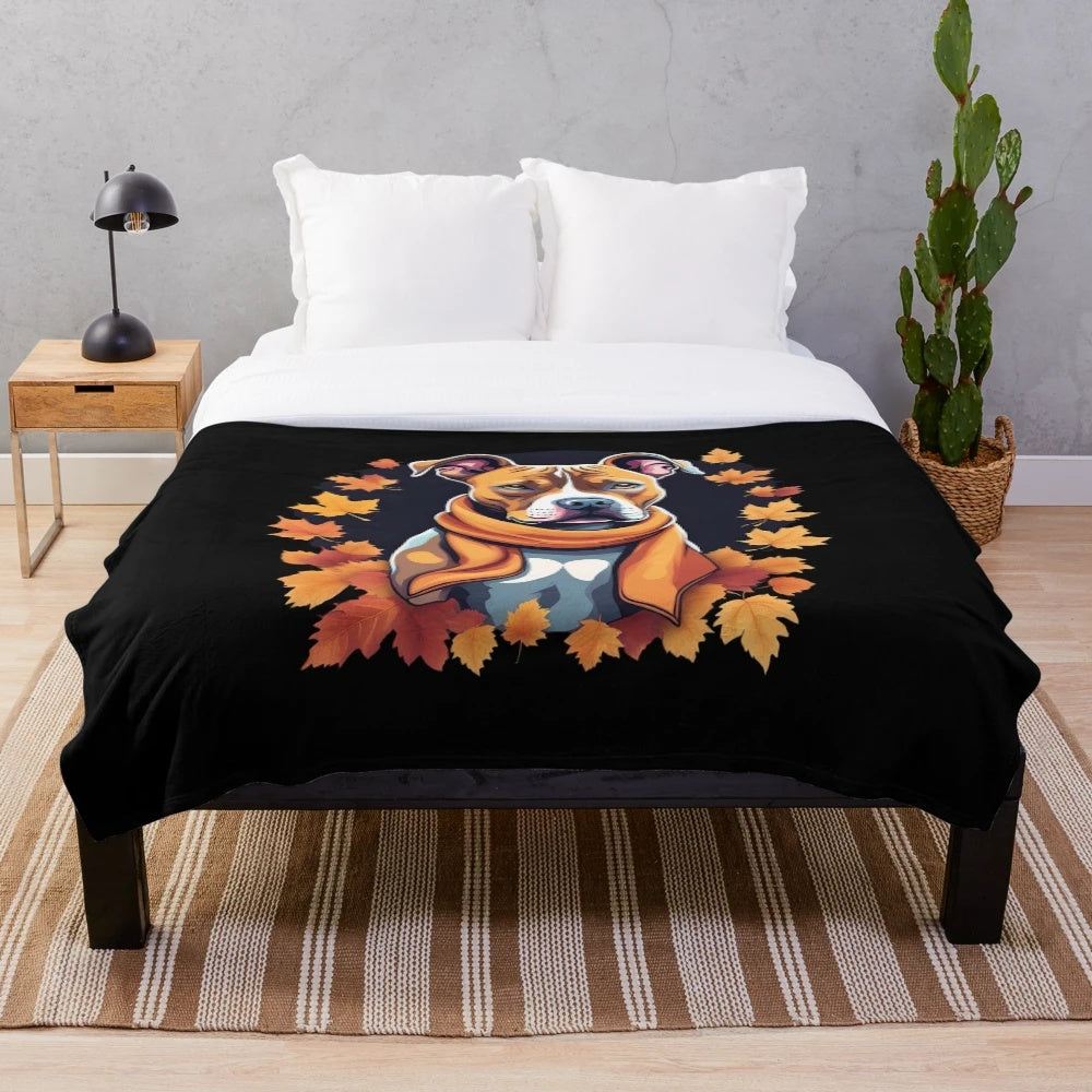 Cozy plush blanket with a whimsical autumn-themed dog illustration