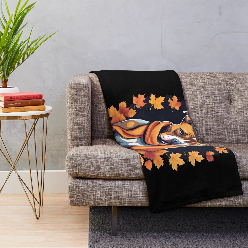 Cozy plush blanket with a whimsical autumn-themed dog illustration
