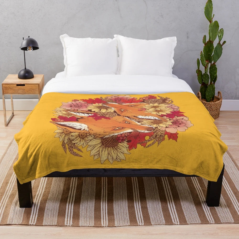 Cozy plush blanket with autumn fox and nature inspired design