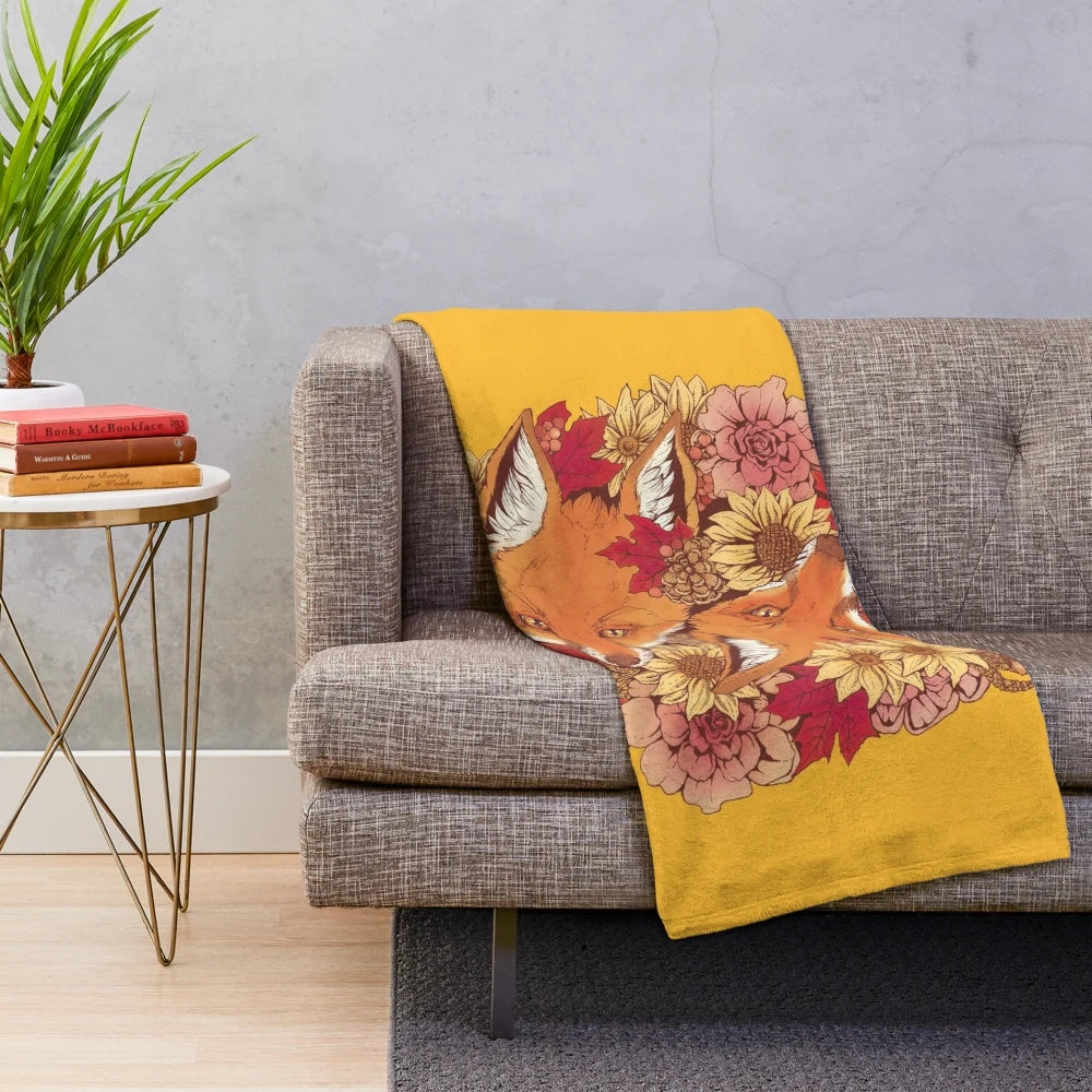 Cozy plush blanket with autumn fox and nature inspired design