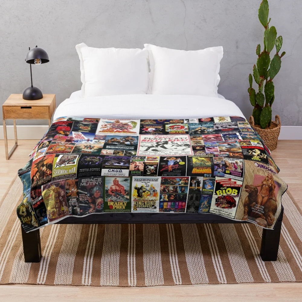 Cozy plush blanket featuring a collage of classic b-movie posters