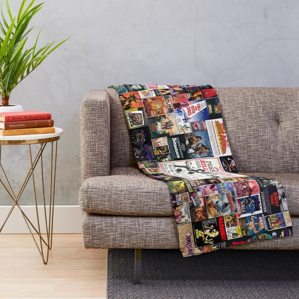 Cozy plush blanket featuring a collage of classic b-movie posters