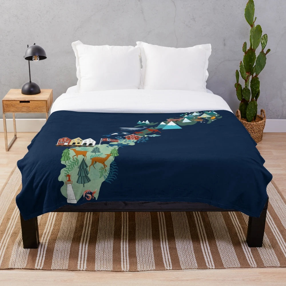Plush blanket featuring Norwegian flag and scenic landscape