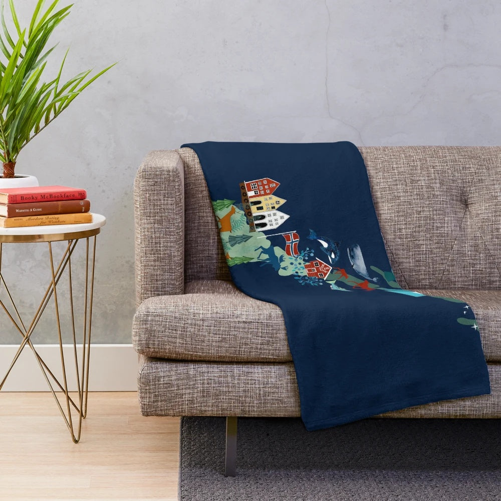 Plush blanket featuring Norwegian flag and scenic landscape