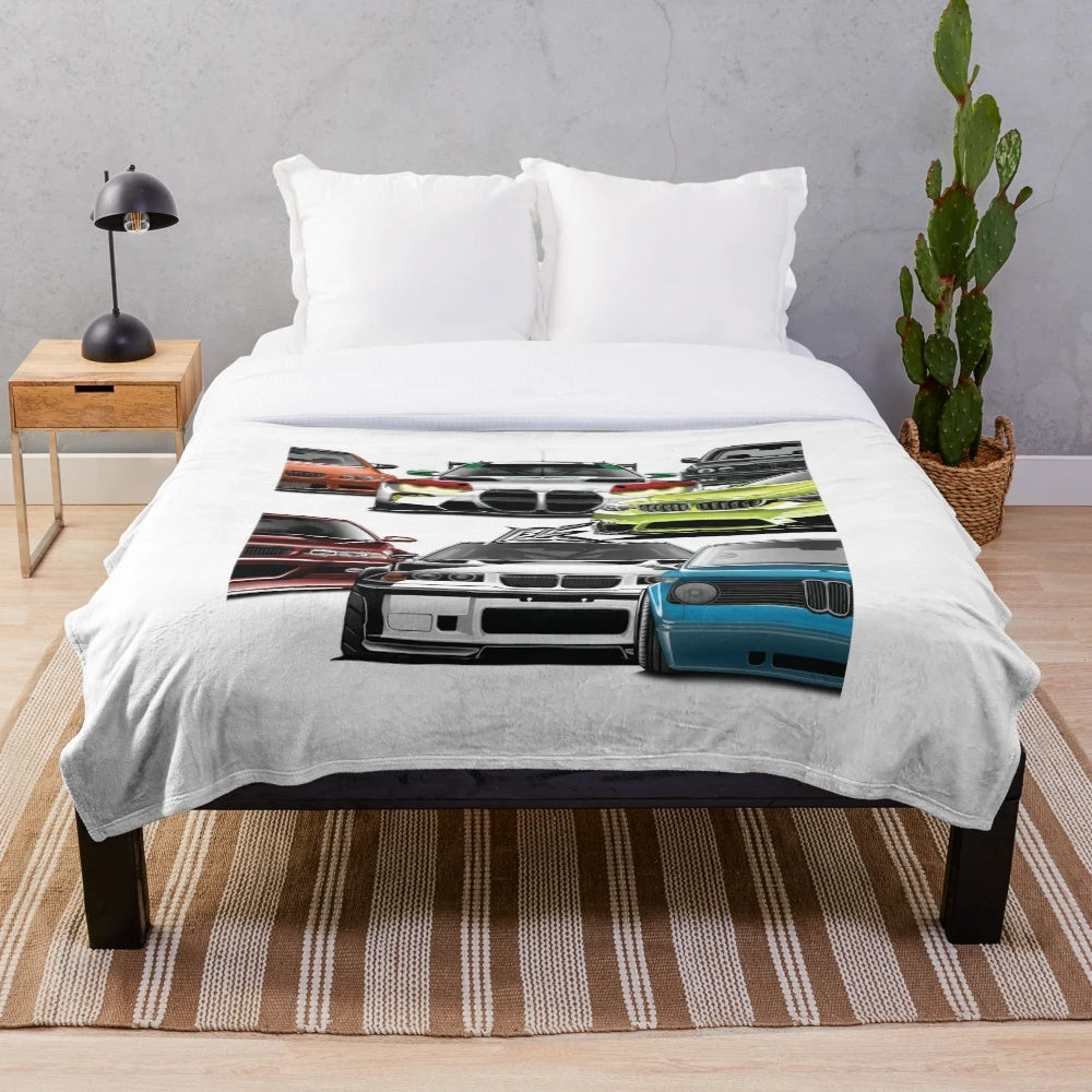 Plush blanket featuring the evolution of German sports cars
