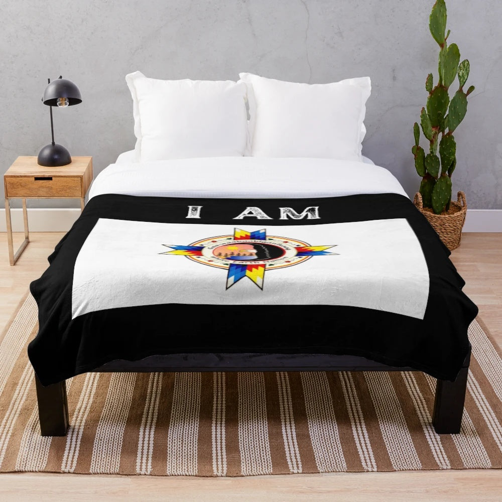White Earth Nation Plush Blanket featuring tribal flags and indigenous designs