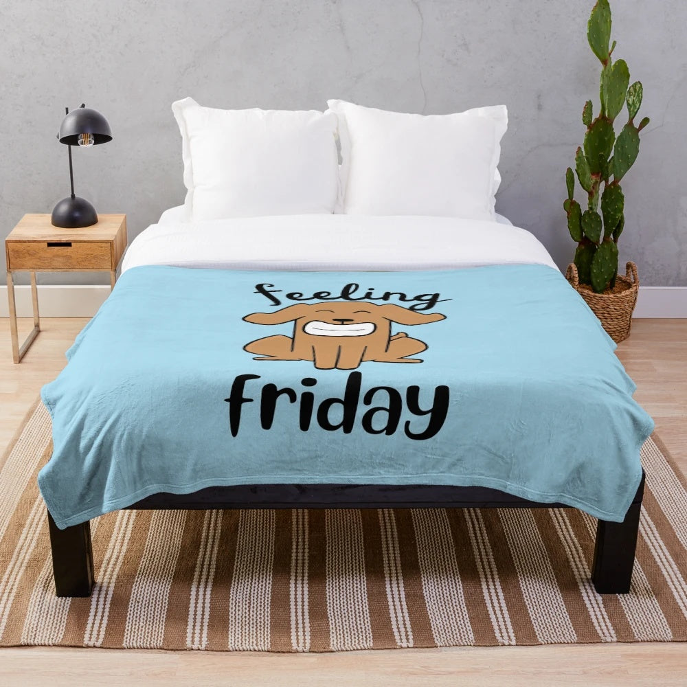 Plush blanket featuring a funny dog in an office setting, embracing the Friday spirit