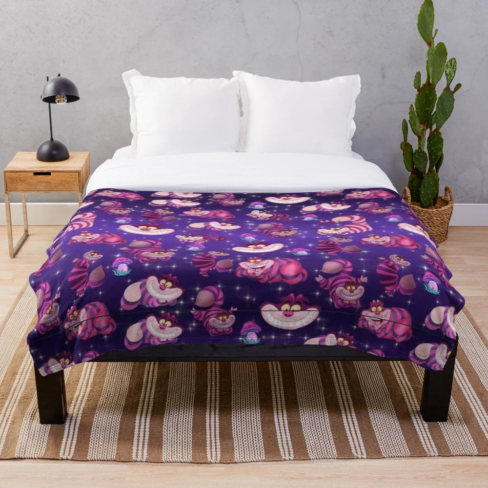 Plush blanket with a wonderland design featuring a cat and mushrooms