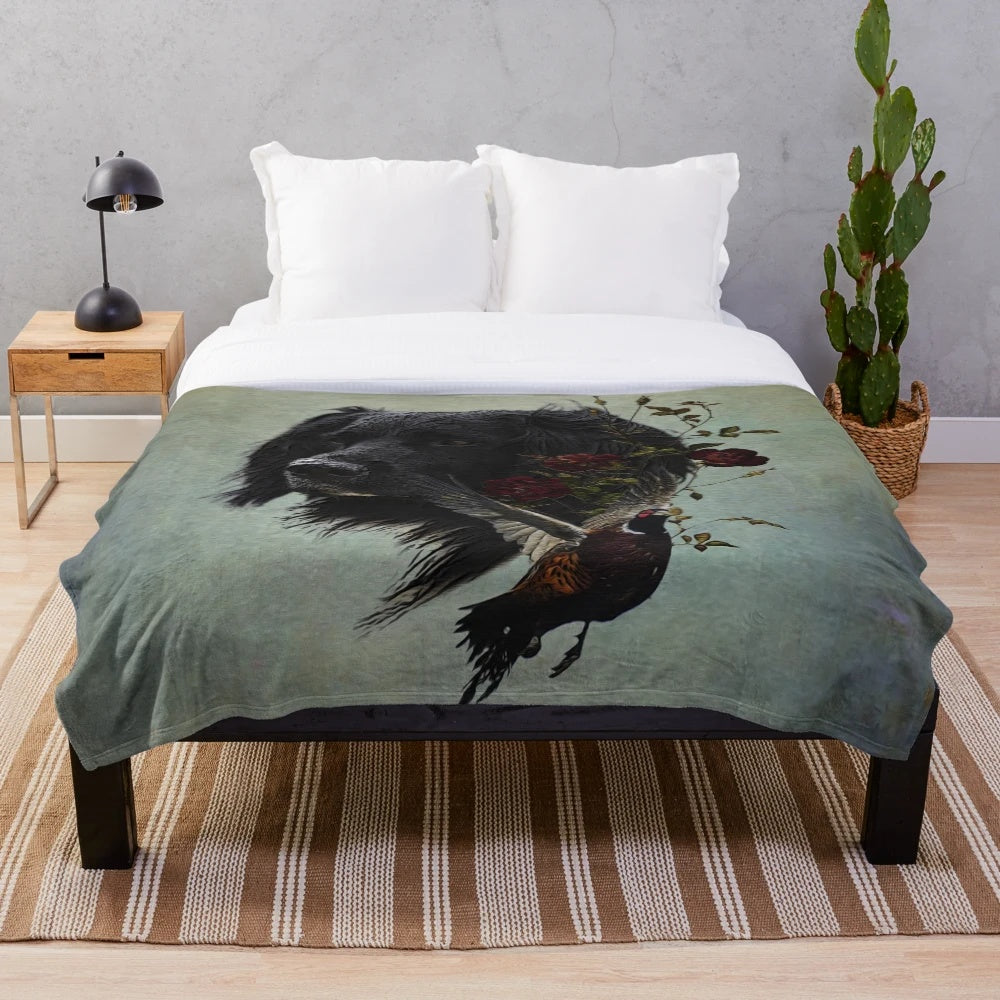 A large munsterlander dog hunting pheasants printed on a plush blanket